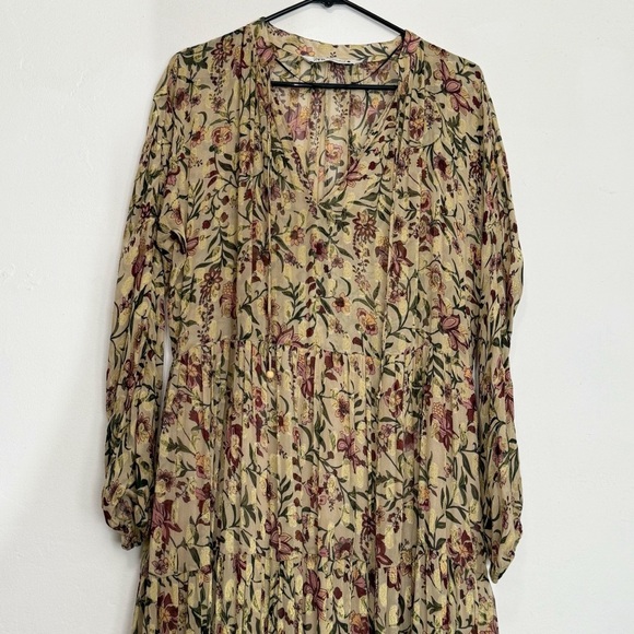 Zara Printed Boho Metallic Yarn Floral Midi Dress, Cream Tan Gold size M - Picture 3 of 10
